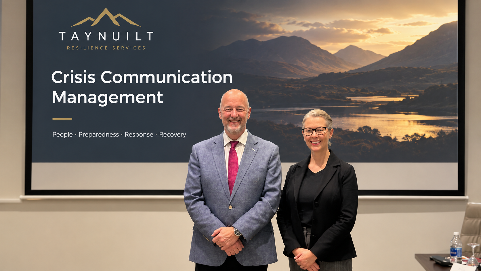 Two Taynuilt presenters in front of a Highland landscape presentation slide titled Crisis Communication Management.